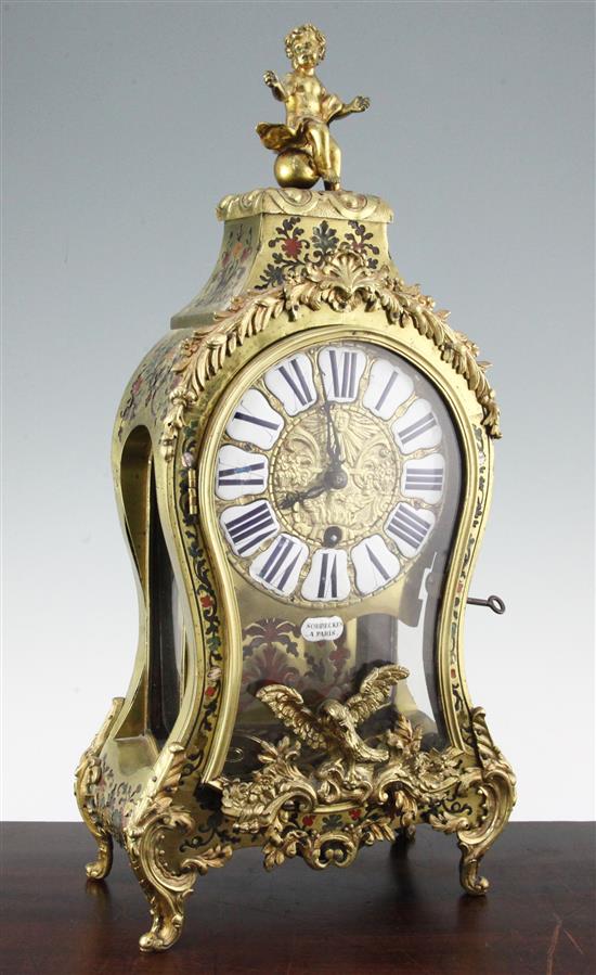A 19th century French Louis XVI style boulle work mantel timepiece, 21.5in.